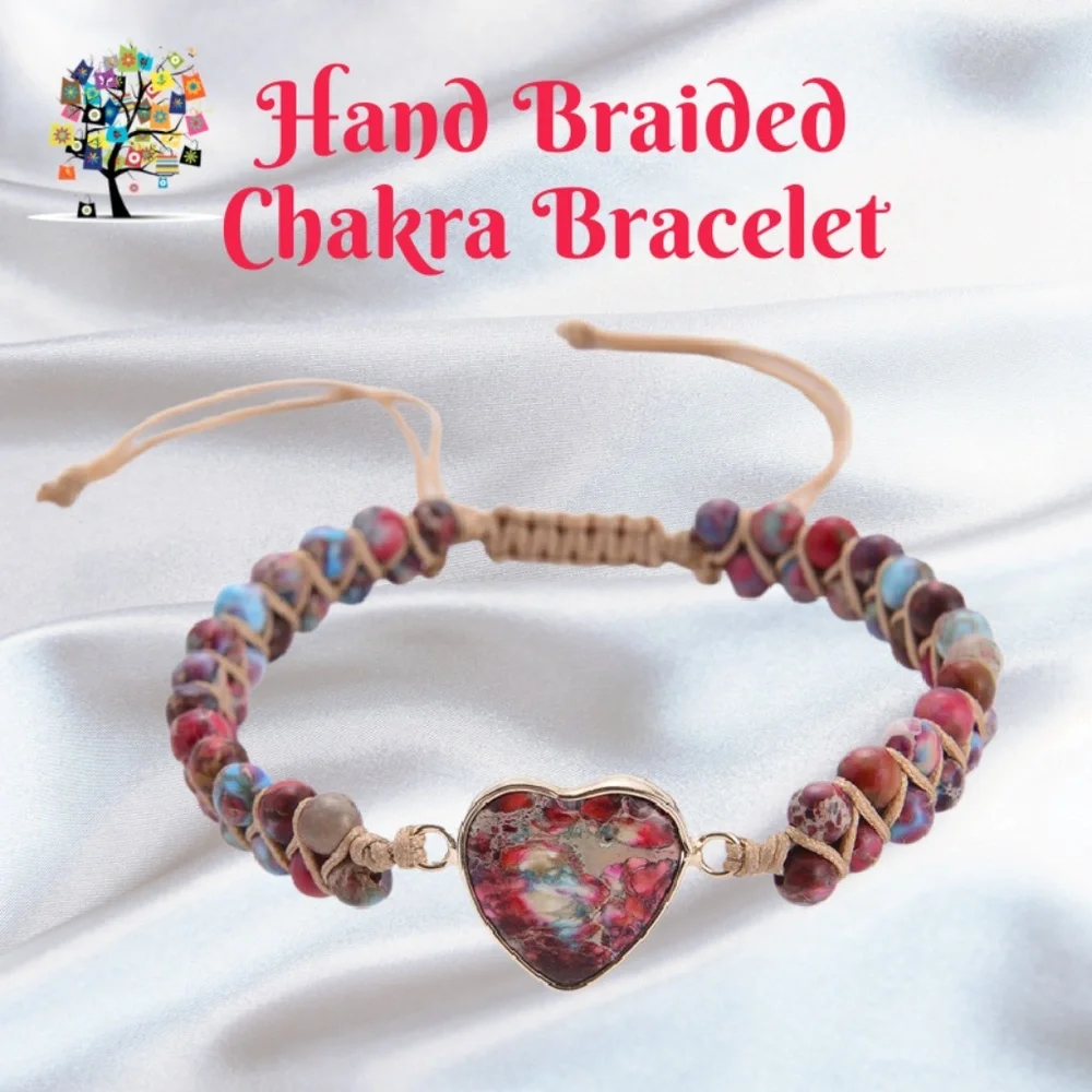 Hand Braided Heart Shaped Natural Stone Chakra Wrap Bracelet - Picture 1 of 3